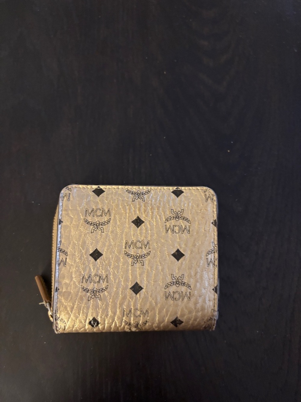 MCM Metallic Gold Monogram Zip Card Holder with Black Motif